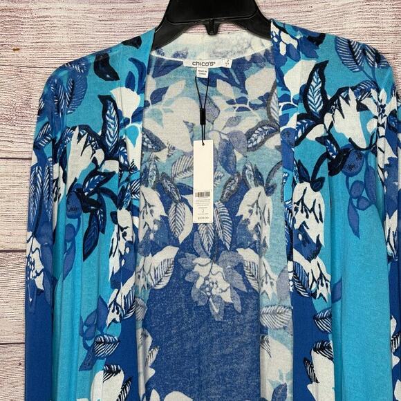 Chico's Blue & White Floral Open Front Long Sleeve Midi Cardigan Size Large New - Picture 8 of 12